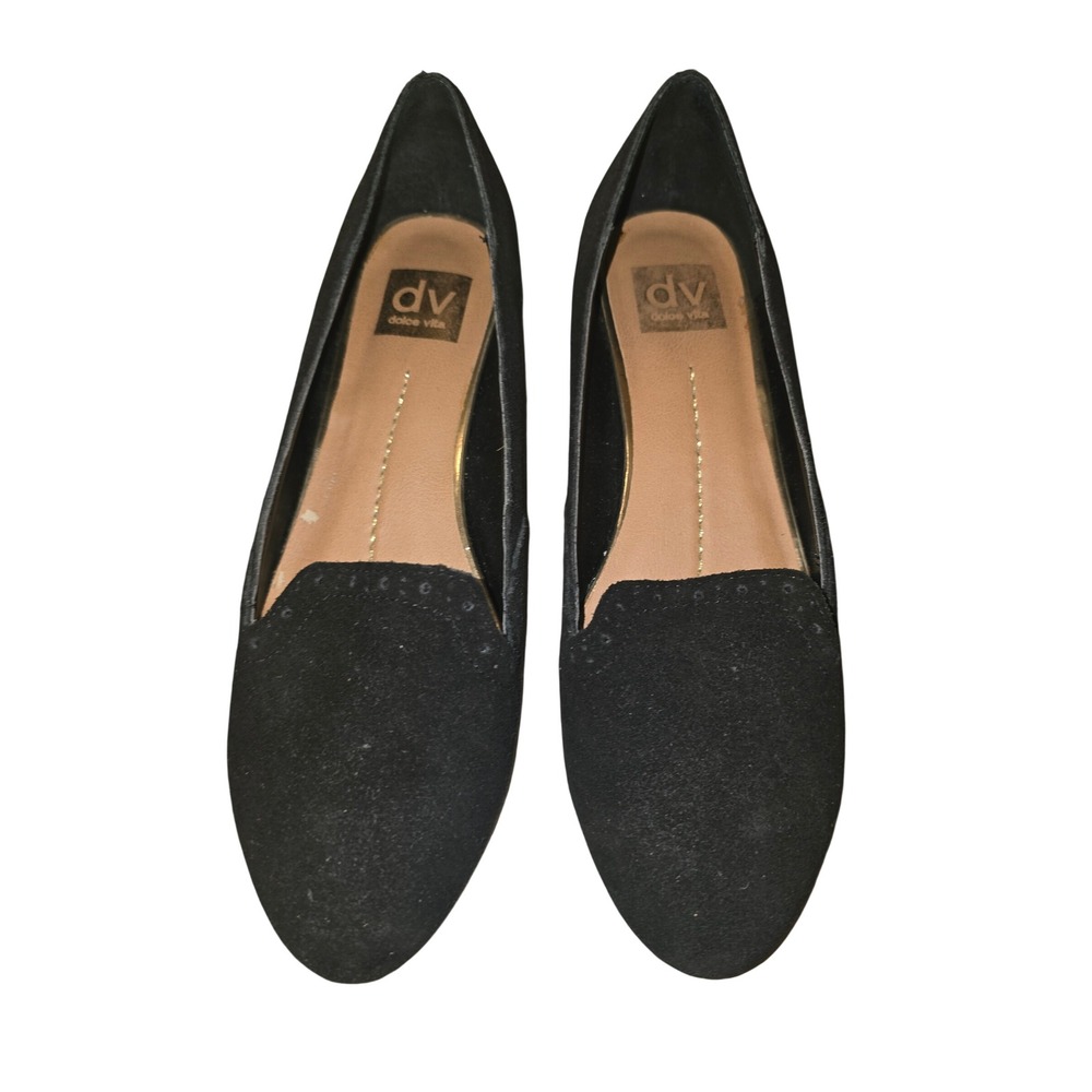 DV Dolce Vita Womens 8.5 Black Suede Studded Heel Smoking Loafers Almond Toe